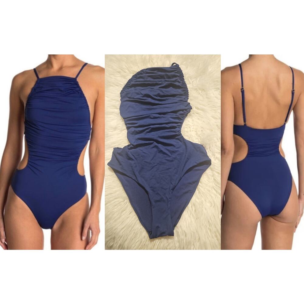 WeWoreWhat Liv One-Piece Swimsuit Navy – Ruched & Cutout